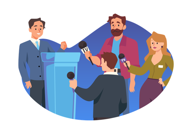 Conference reportage news reporters with microphone  press correspondents mass media  Illustration