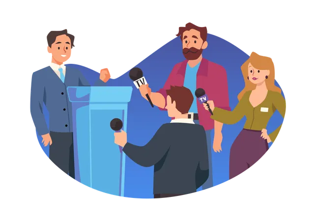 Conference reportage news reporters with microphone  press correspondents mass media  Illustration