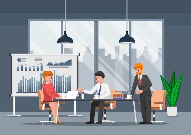 Businessman Working And In The Open Space Office Teamwork And Coworking Center Concept Illustration
