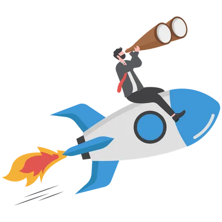 Empresário de confiança andando de foguete com telescópio  Ilustração