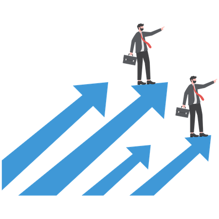 Empresário de confiança em pé sobre flechas crescentes apontando para o próximo alvo do céu  Ilustração