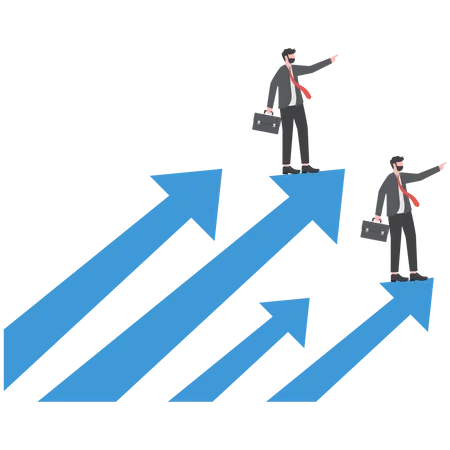 Empresário de confiança em pé sobre flechas crescentes apontando para o próximo alvo do céu  Ilustração