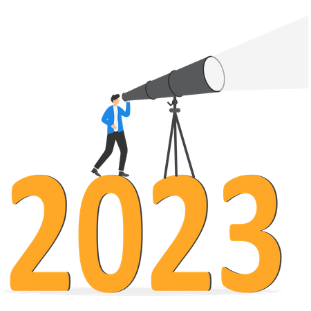 Empresário de confiança olha pelo telescópio no ano de 2023  Ilustração