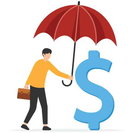 Empresário de confiança segurando um grande guarda-chuva coberto de dinheiro de cifrão  Ilustração