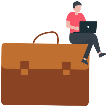 Empresário de confiança trabalhando com computador portátil na maleta  Ilustração