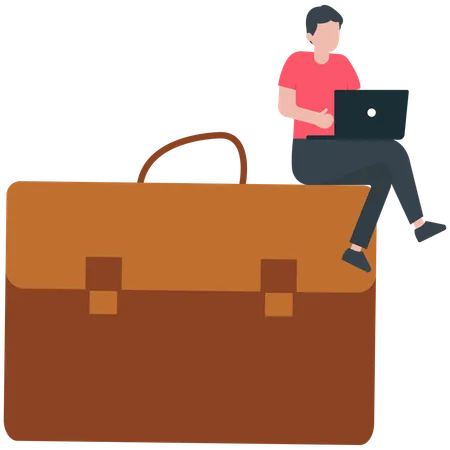 Empresário de confiança trabalhando com computador portátil na maleta  Ilustração