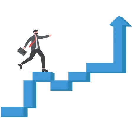 Un homme d'affaires de confiance monte l'escalier du succès avec une flèche montante  Illustration