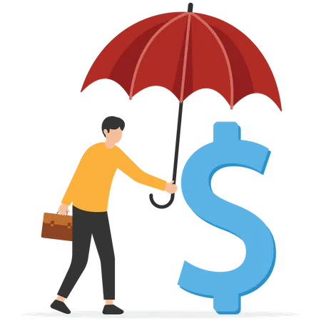 Homme d'affaires de confiance tenant un grand parapluie couvert d'argent signe dollar  Illustration