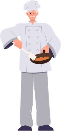 Chef senior confiant en uniforme de cuisson de la viande sur une poêle à frire  Illustration