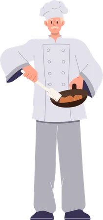 Chef senior confiant en uniforme de cuisson de la viande sur une poêle à frire  Illustration