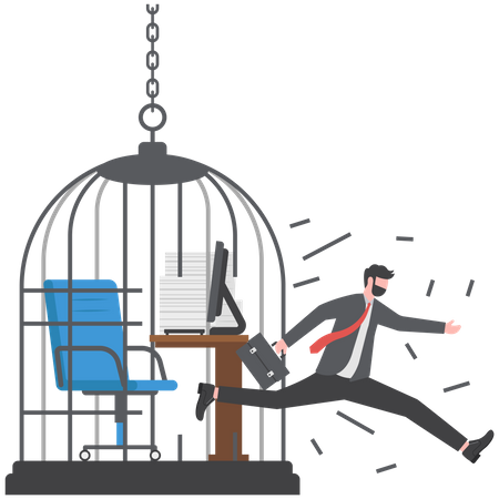 Un hombre de negocios confiado se libera de una jaula tóxica para pájaros en el escritorio  Ilustración