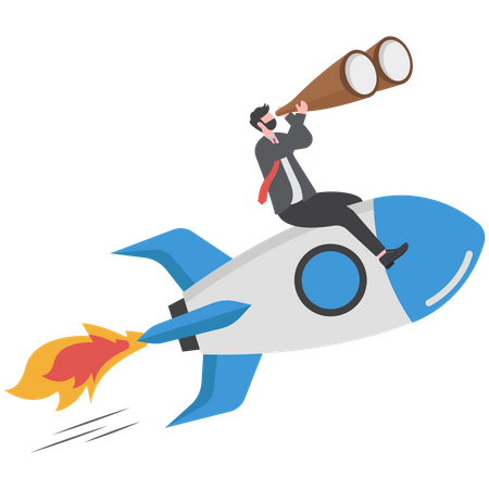 Empresario de confianza montando cohete con telescopio  Ilustración
