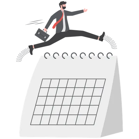 Empresario de confianza utilizando salto con pértiga lápiz saltando sobre el calendario  Ilustración