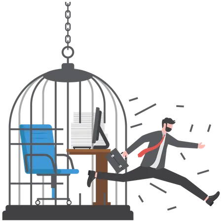 Confidence businessman break free from toxic working desk bird cage  Illustration