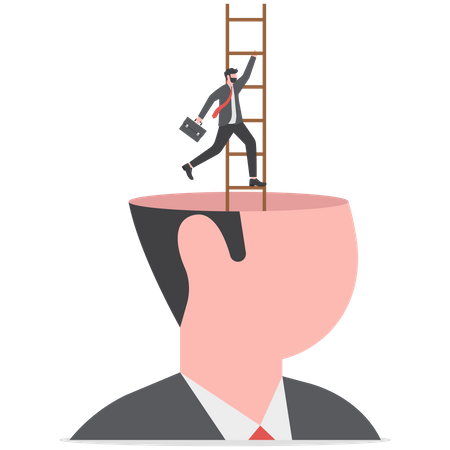 Confidence businessman climb up ladder of success from his head  Illustration