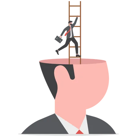 Confidence businessman climb up ladder of success from his head  Illustration