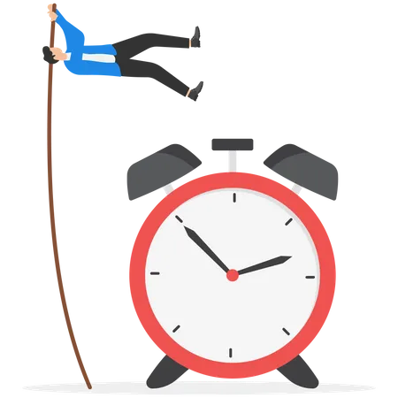 Smart Time Management Success In Work Strategy On Business Deadline Or Working Time Efficiency Concept Smart Happy And Confidence Businessman Employee Worker Jump Over Time Passing Clock Illustration