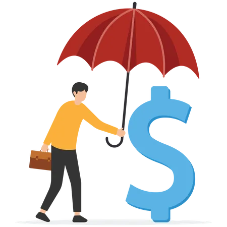 Confidence businessman holding big umbrella covered dollar sign money  Illustration