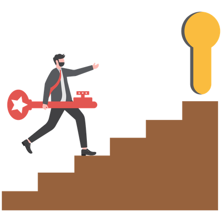 Confidence businessman holding key and running to unlock keyhole to reach target  Illustration
