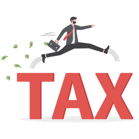 Confidence businessman holding money briefcase pole vault jump over the word TAX  イラスト
