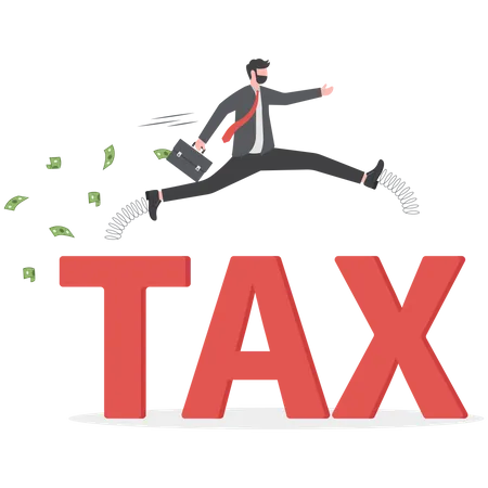 Confidence businessman holding money briefcase pole vault jump over the word TAX  イラスト