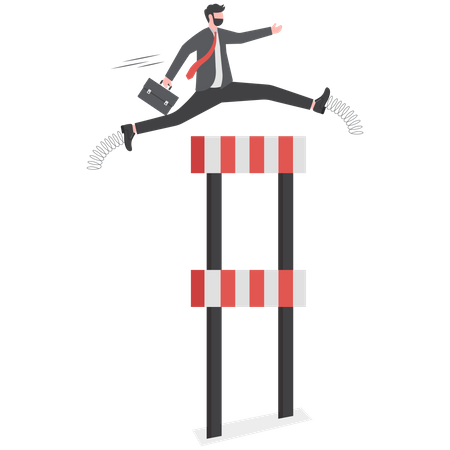 Confidence businessman jump across highest level of hurdles  Illustration