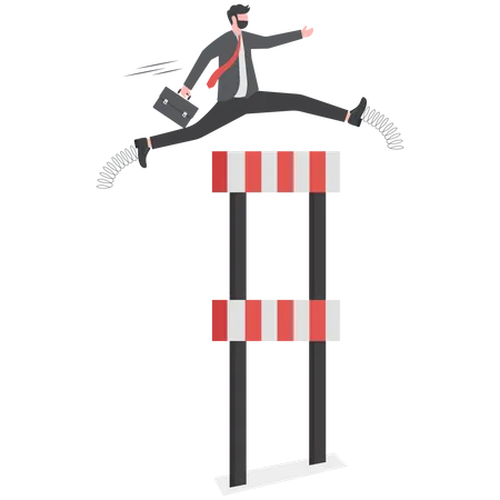 Confidence businessman jump across highest level of hurdles  Illustration