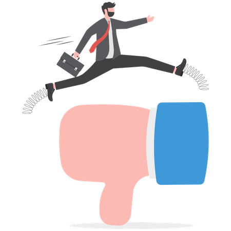 Confidence businessman jump over critic thumb down feedback to achieve business goal  Illustration