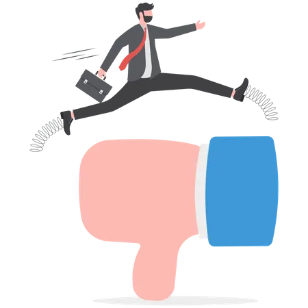 Confidence businessman jump over critic thumb down feedback to achieve business goal  Illustration