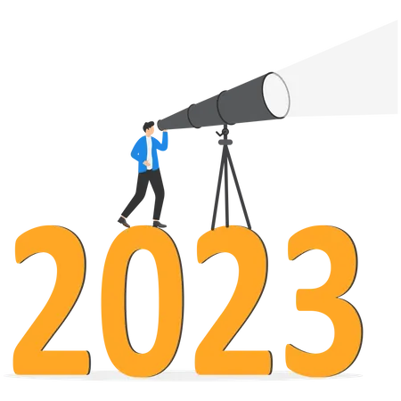 Confidence businessman look through telescope on year 2023  일러스트레이션