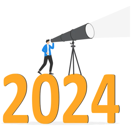 Year 2024 Outlook Business Opportunity Or New Challenge Ahead Vision To Make Decision Or Move Forward Plan And Perspective Concept Confidence Businessman Look Through Telescope On Year 2023 Illustration
