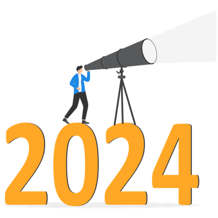 Confidence businessman look through telescope on year 2023  Illustration