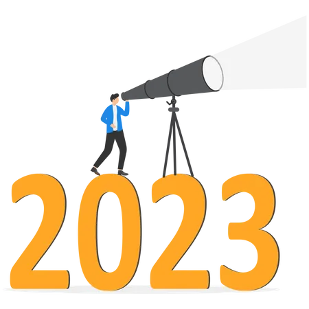 Confidence businessman look through telescope on year 2023  Illustration