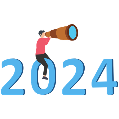 Confidence businessman look through telescope on year 2024  Illustration