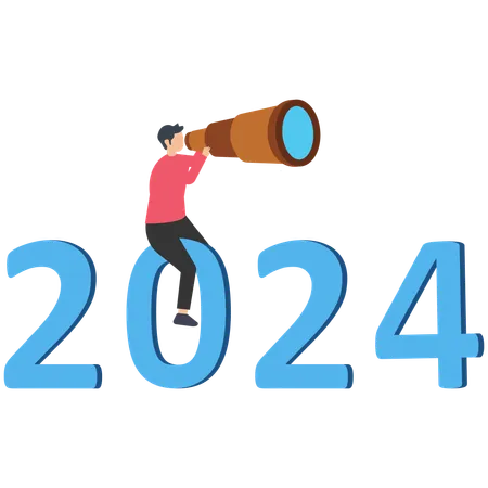 Confidence businessman look through telescope on year 2024  Illustration