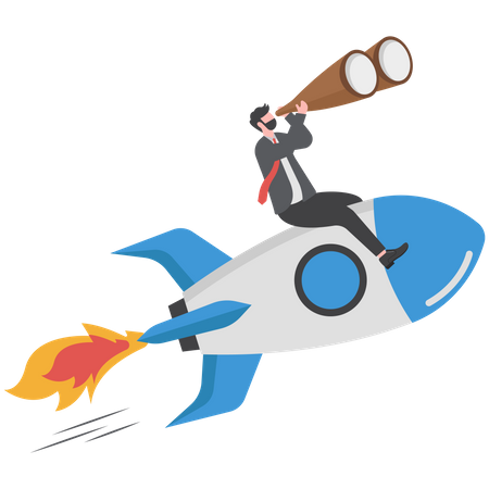 Confidence businessman riding rocket with telescope  Illustration