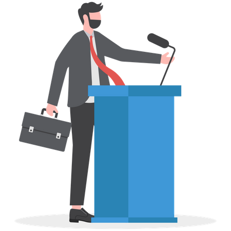 Confidence businessman speaking in public on stage with podium  Illustration