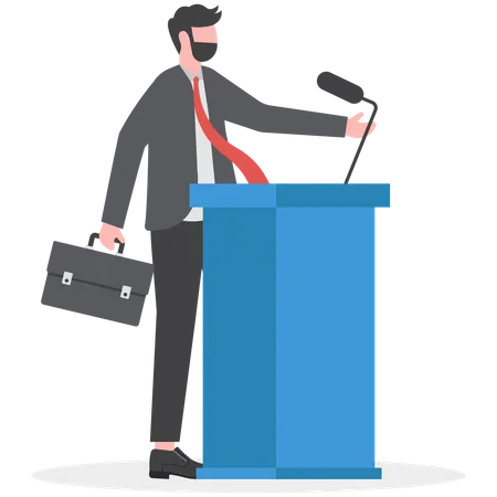 Public Speaking Skill Confident Charisma Hand Gesture Voice And Expression To Win The Audience Concept Confidence Businessman Speaking In Public On Stage With Podium Microphones Spotlight On Illustration