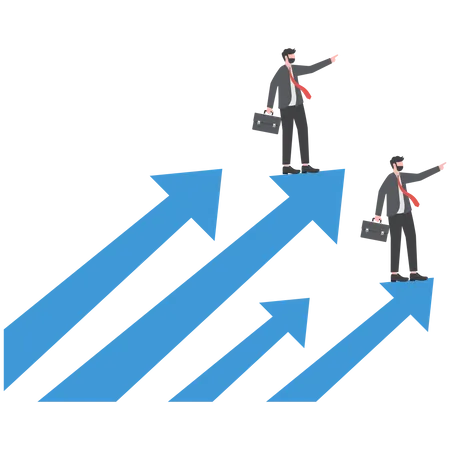 Company Success Moving Forward Challenge Or Growth To Progress Ambition Or Motivation For Improvement Concept Confidence Businessman Standing On Growing Arrows Pointing Up In The Sky Next Target Illustration