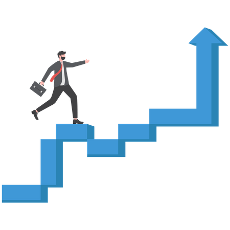 Confidence businessman step walking up stair of success with rising up arrow  Illustration