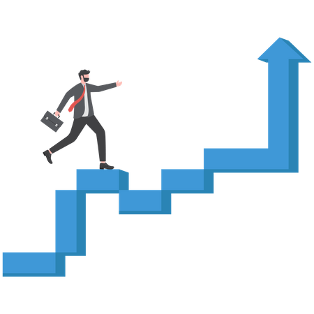 Confidence businessman step walking up stair of success with rising up arrow  Illustration