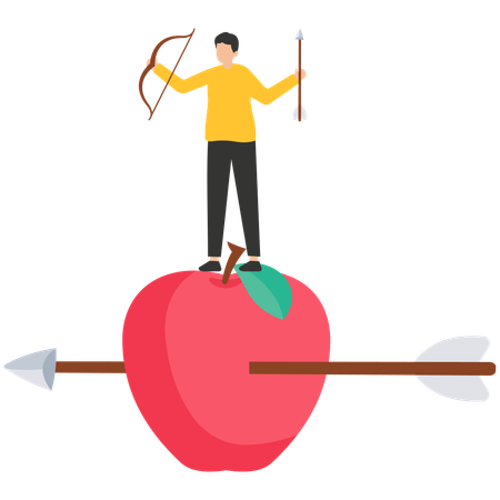 Confidence businessman with archer standing on apple hit by his accurate arrow  Illustration