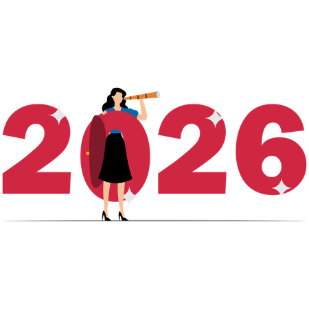 Confidence businessman with telescope ride on year 2026  Illustration
