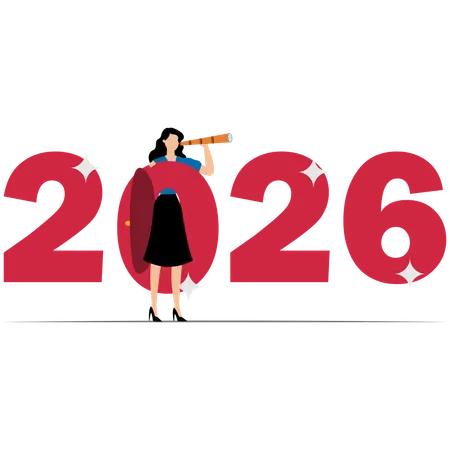 Confidence businessman with telescope ride on year 2026  Illustration