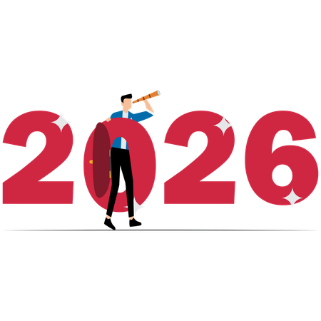 Confidence businessman with telescope ride on year 2026  Illustration