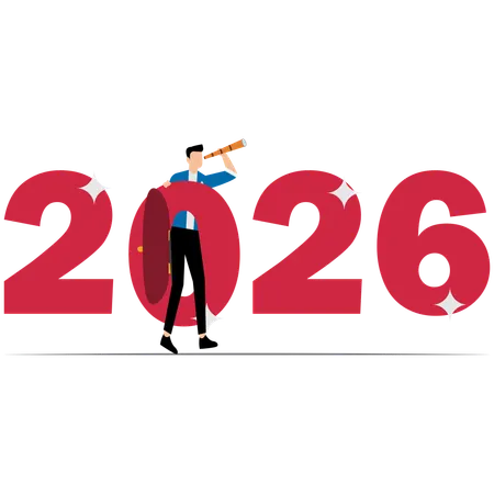 Confidence businessman with telescope ride on year 2026  Illustration