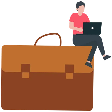 Confidence businessman working with computer laptop on briefcase  Illustration