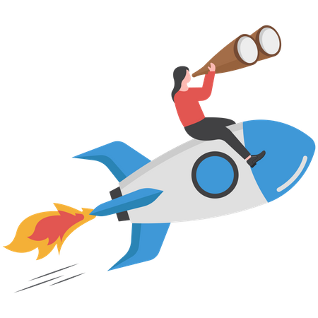 Confidence businesswoman riding rocket with telescope  Illustration