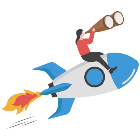 Woman Entrepreneur Startup Business Or Success Small Company Professional Business Management Or Female Manager Concept Confidence Businesswoman Riding Rocket Working On Computer With Telescope Illustration