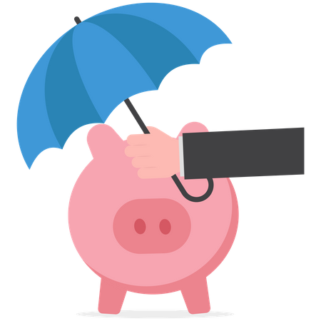 Confidence investor with his piggy bank safety money covered by big umbrella  Illustration